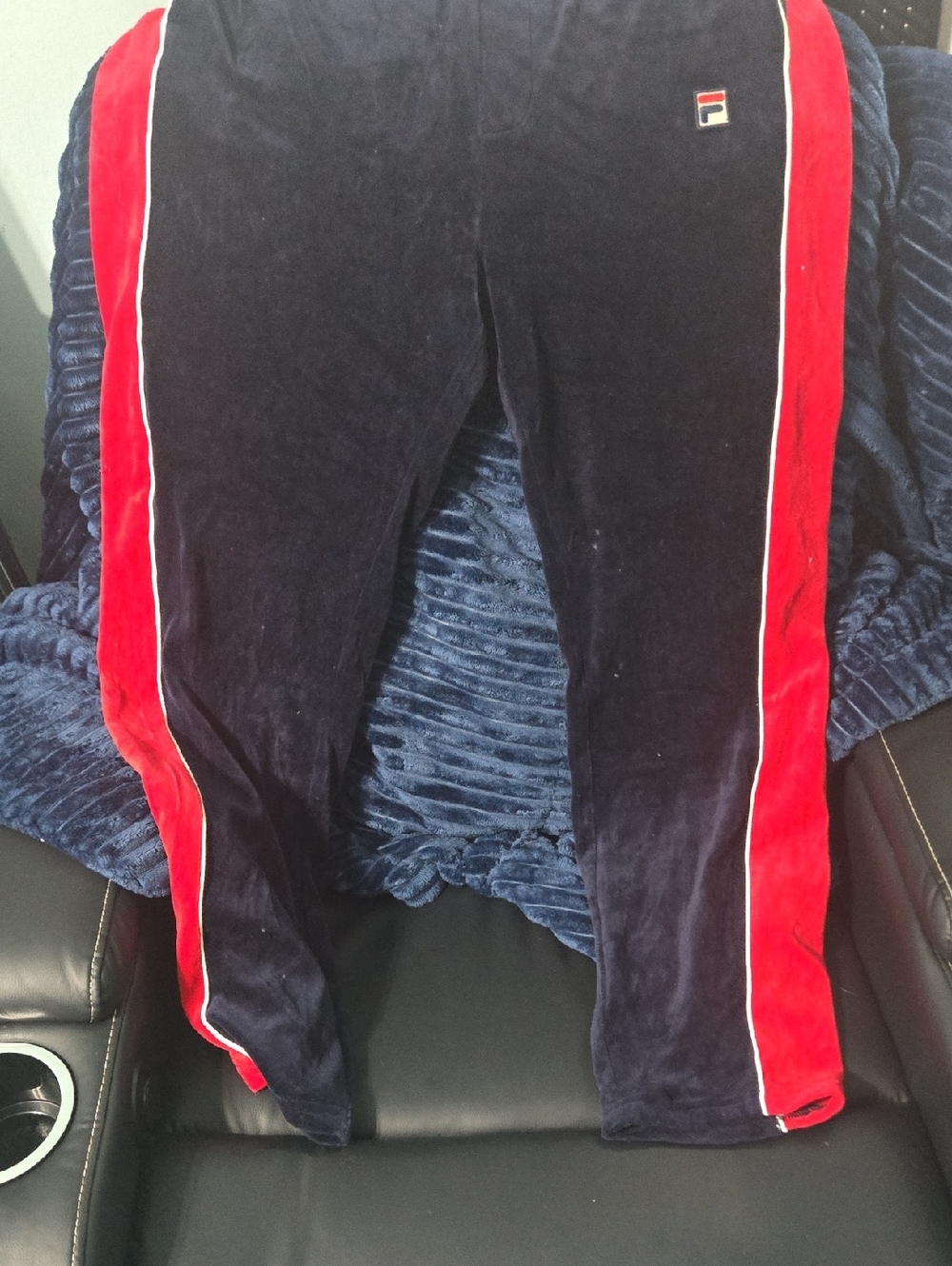 Fila Mens Navy Velour Joggers with Red Side Panels